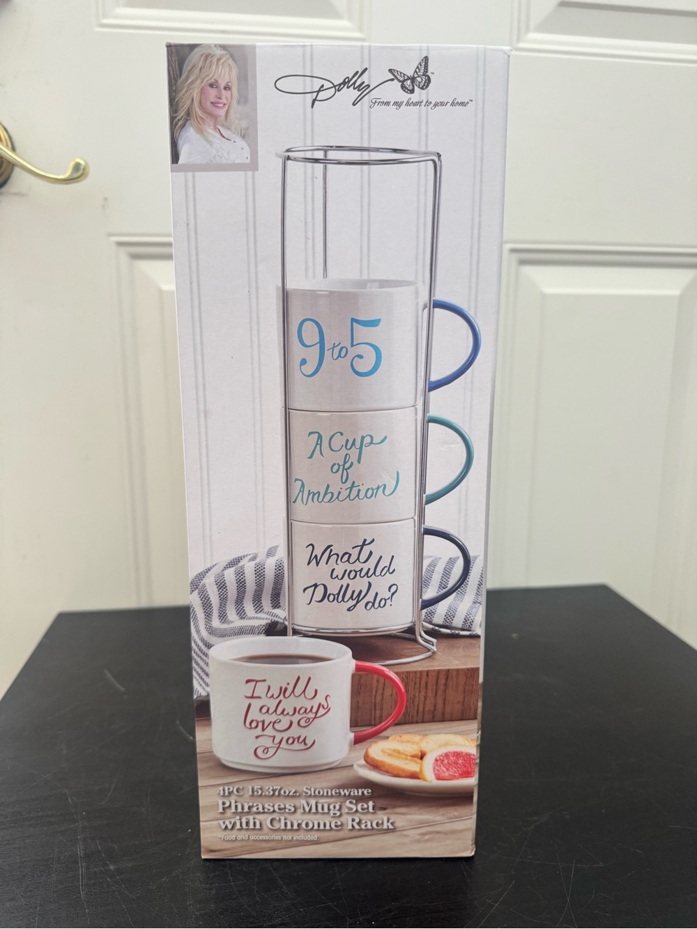 Dolly Parton 4 Piece Stacking Mug Set With Chrome Rack Phrases Lyrics Quotes NIB